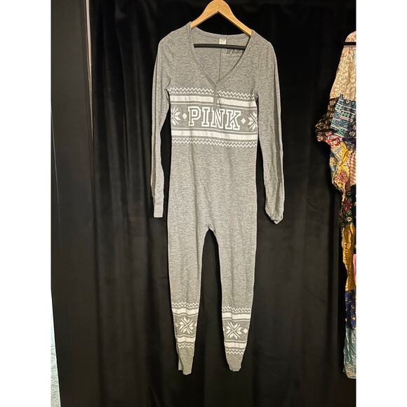 Victoria’s Secret PINK Women’s Large Gray Waffle Onesie Pajamas Snap Backdoor - Picture 1 of 4